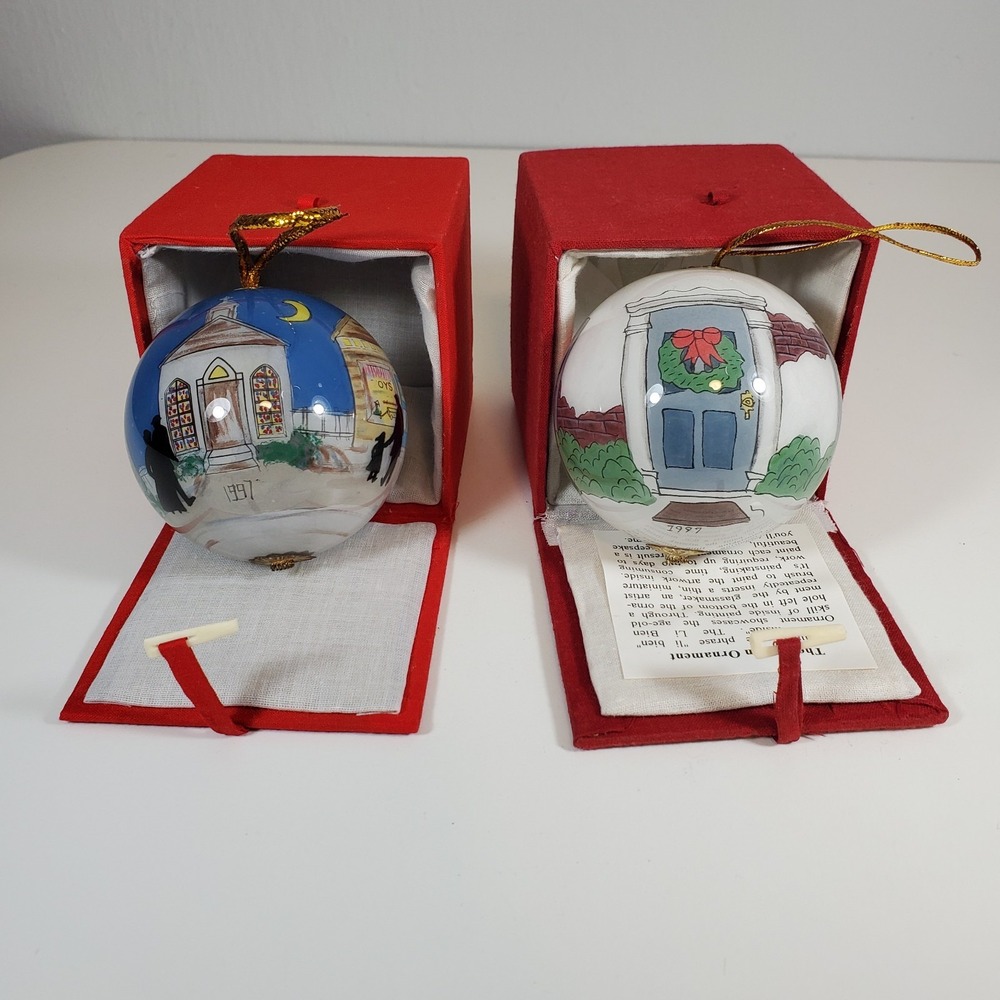 2 Li Bien Christmas Snow Scene Ornament Glass Balls Reverse Hand Painted 1997
